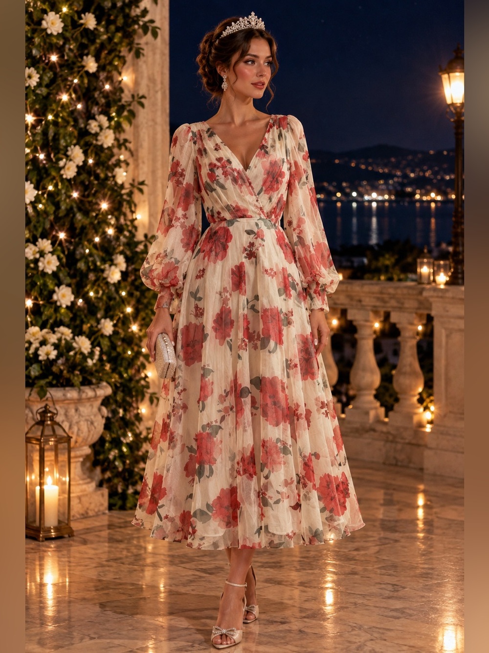 Cream Maxi Dress with Coral Floral Print